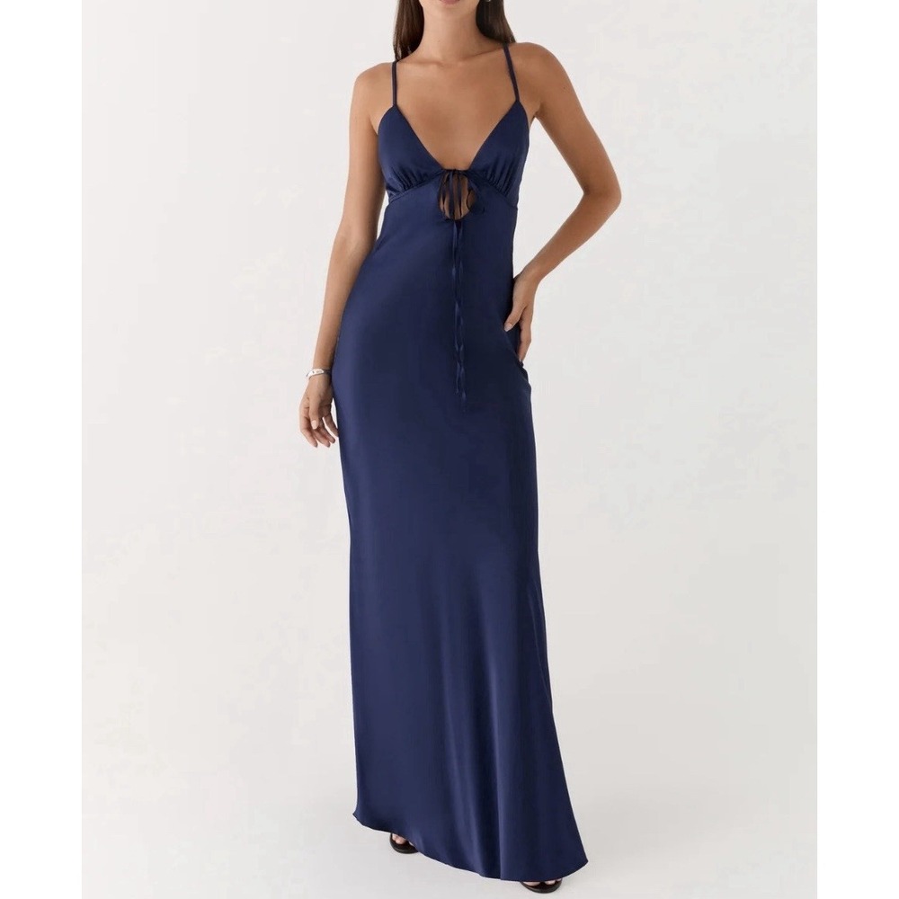 Peppermayo Flora Satin Maxi Dress Navy Blue Open Back Cutout NWT US 4